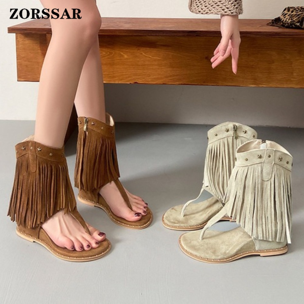 Women Shoes Boots - Dames sandalen met franjes, studs en