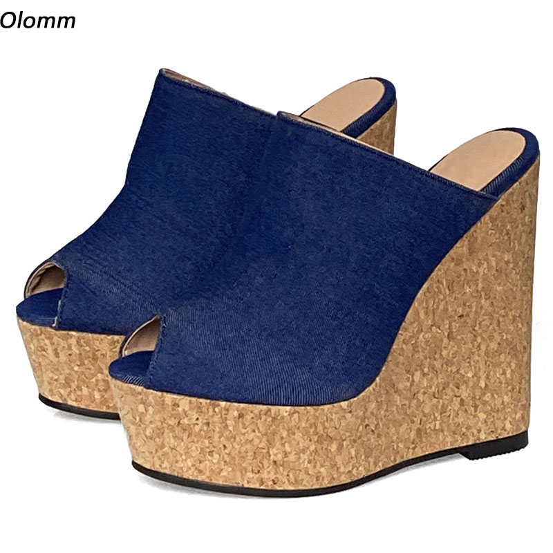 Cork Wedge Sandal - Olomm Handgemaakte Vrouwen Muilezels Sandalen Denim