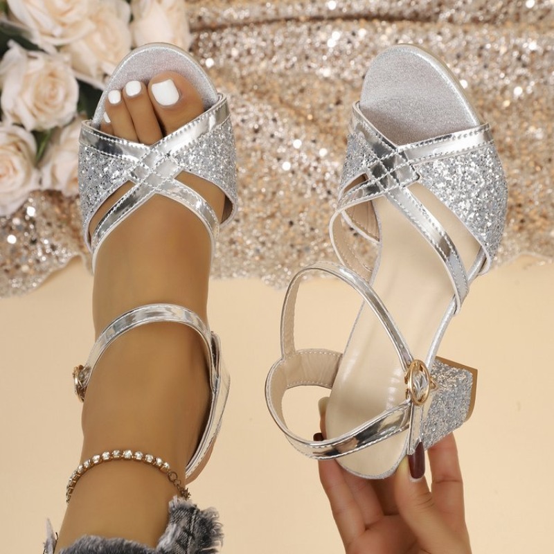 Metallic Heel Sandal - Vrouwen Blokhakken Sandalen Goud Sparkly Cross
