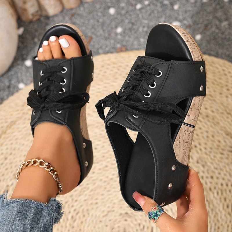 Cork Wedge Sandal - Damessandalen met sleehak, open teen, middelhoge