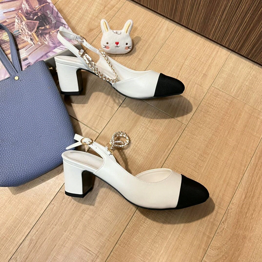 Women Shoes Sandals - Dames Slingback Pumps, tweekleurig zwart-wit, blokhak