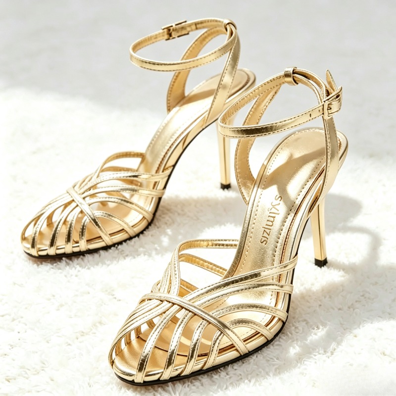 Metallic Heel Sandal - Sexy Gouden Holle Smalle Band Hoge